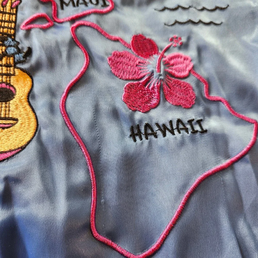 Disney Lilo & Stitch Blue Satin Bomber Jacket Hawaii Embroidered Zip Up Kids Med